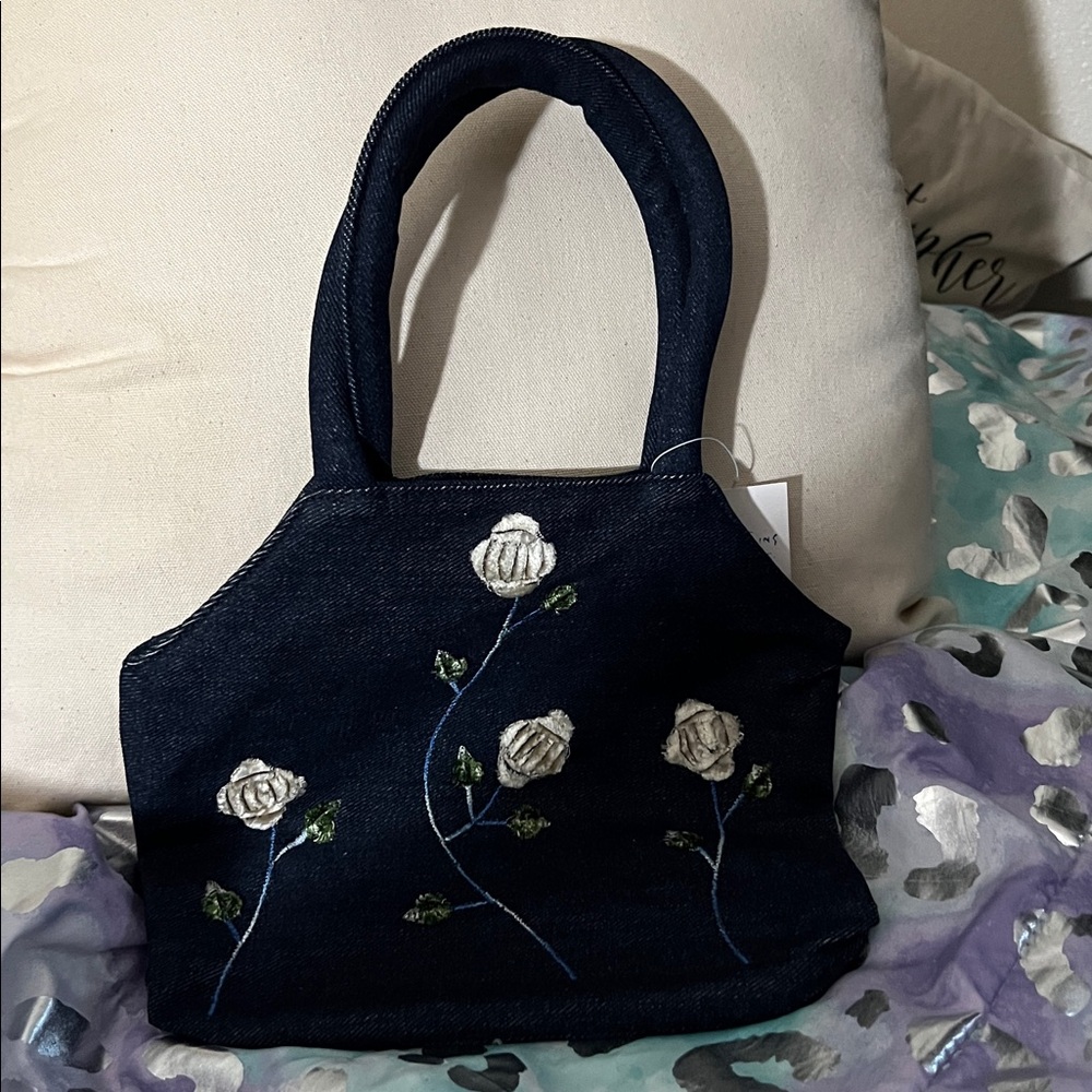 New Origins Denim Shoulder Bag with Embroidered White and Beige Flowers-NWT